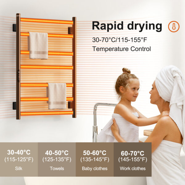 SIOYIE Towel Warmer Bathroom Wall Mounted 6 Bars Electric Towel Drying, 150 W 500 800 MM Heated Towel Rack With Intelligent Touch Screen Timer And Temperature Control Black Left - Image 7