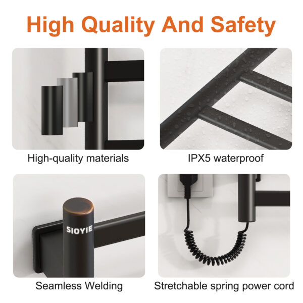 SIOYIE Towel Warmer Bathroom Wall Mounted 6 Bars Electric Towel Drying, 150 W 500 800 MM Heated Towel Rack With Intelligent Touch Screen Timer And Temperature Control Black Left - Image 2