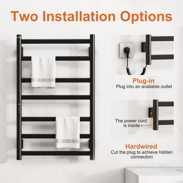 SIOYIE Towel Warmer Bathroom Wall Mounted 6 Bars Electric Towel Drying, 150 W 500 800 MM Heated Towel Rack With Intelligent Touch Screen Timer And Temperature Control Black Left - Image 3