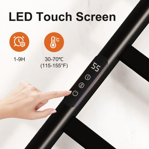 SIOYIE Towel Warmer Bathroom Wall Mounted 6 Bars Electric Towel Drying, 150 W 500 800 MM Heated Towel Rack With Intelligent Touch Screen Timer And Temperature Control Black Left - Image 5