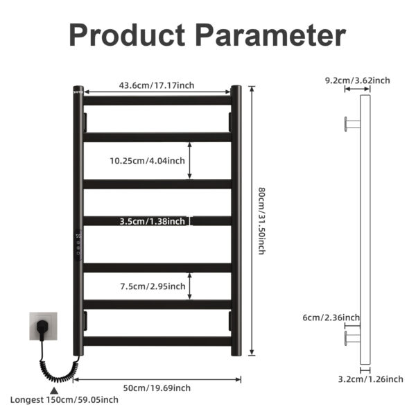 SIOYIE Towel Warmer Bathroom Wall Mounted 6 Bars Electric Towel Drying, 150 W 500 800 MM Heated Towel Rack With Intelligent Touch Screen Timer And Temperature Control Black Left - Image 6
